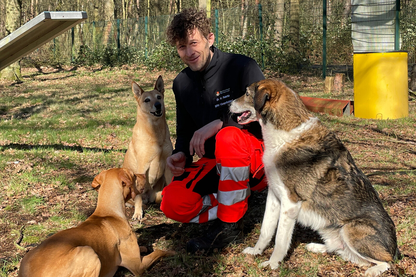 Henri Paletta vom Bundesverband Rettungshunde mit seinen Hunden auf einem Übungsplatz in NRW