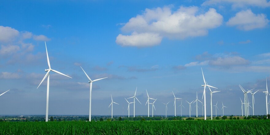 Blick auf einen Windpark auf einem Feld Blick auf einen Windpark auf einem Feld