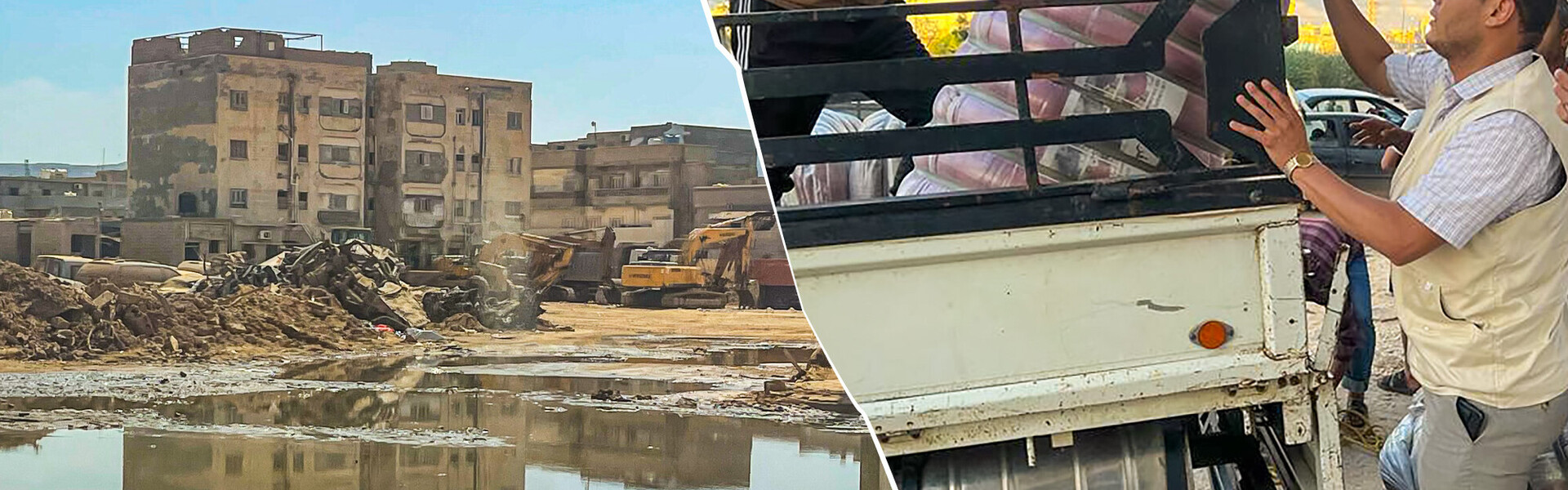 Ein Mann blickt auf den verwüsteten Hafen von Darna in Libyen