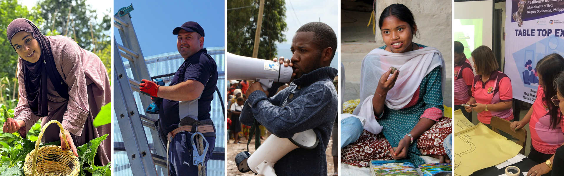 Katastrophenvorsorge: Hilfsprojekte weltweit Eine Fotocollage: Eine Landwirtin im Libanon, ein Helfer in der Ukraine, ein Helfer in der DR Kongo, ein Schulmädchen in Indien, Helfer:innen auf den Philippinen