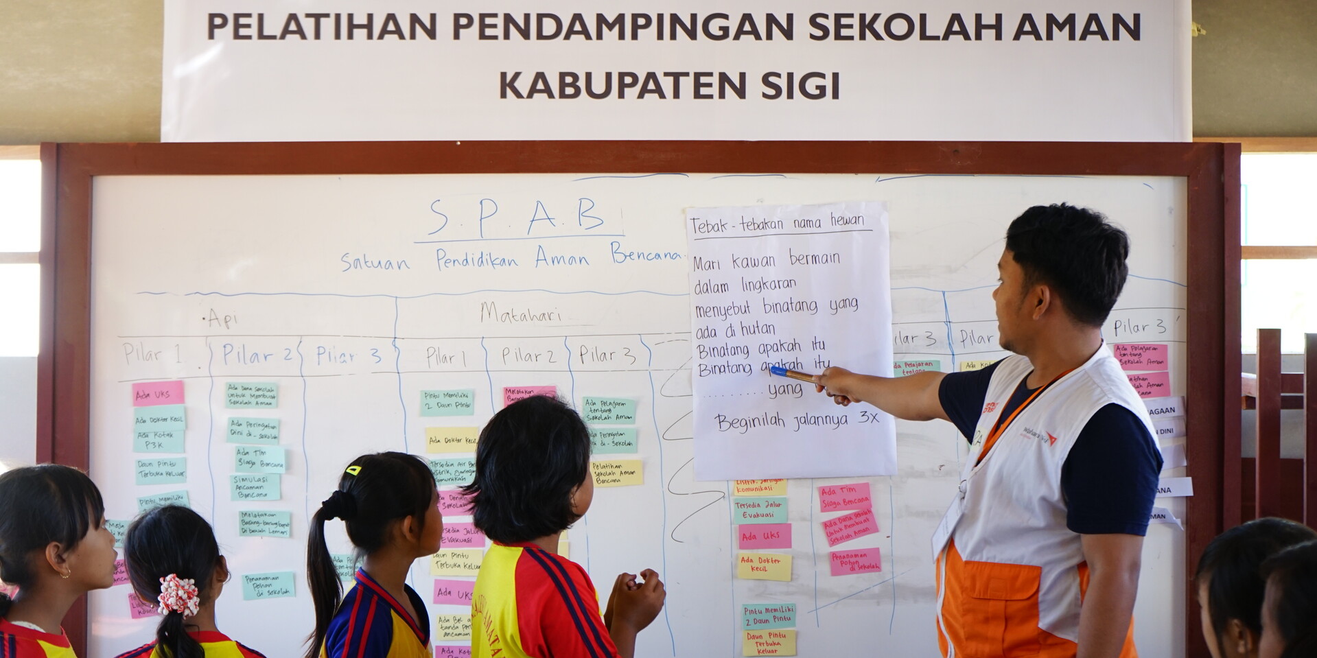 Im Unterricht vermittelt ein Helfer von World Vision wichtiges Wissen über Naturkatastrophen Im Unterricht vermittelt ein Helfer von World Vision wichtiges Wissen über Naturkatastrophen