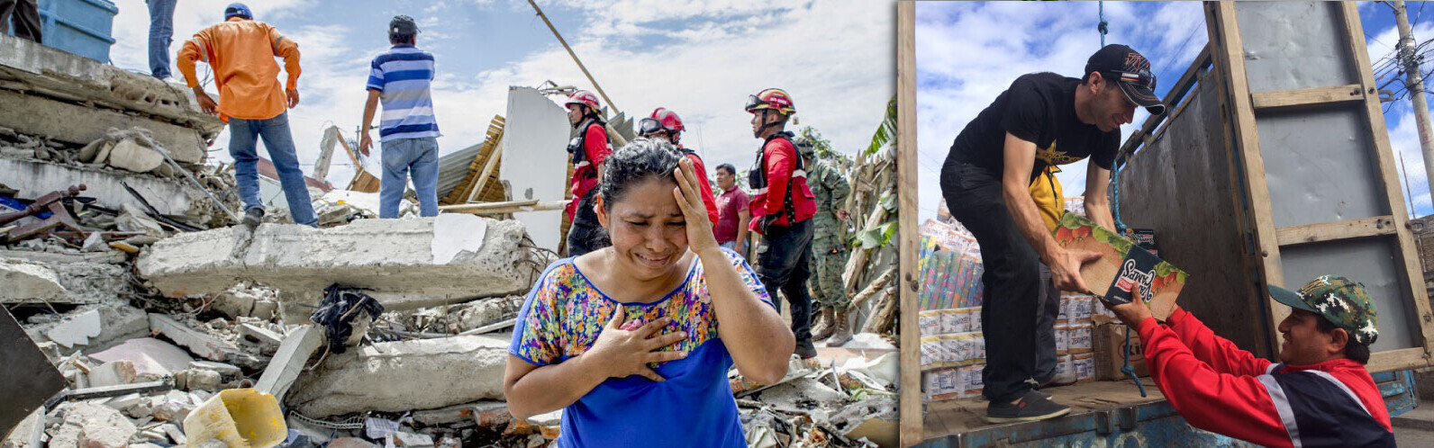 Eine Frau steht in Ecuador weinend hinter Trümmern. Gleichzeitig geben Helfer Pakete in der von Erdbeben erschütterten Region aus.