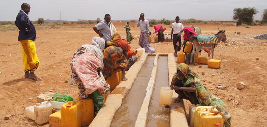 An einer Wasserquelle in Äthiopien holen Menschen Mit Kanistern Wasser. Sie teilen sich die Quelle mit Tieren.