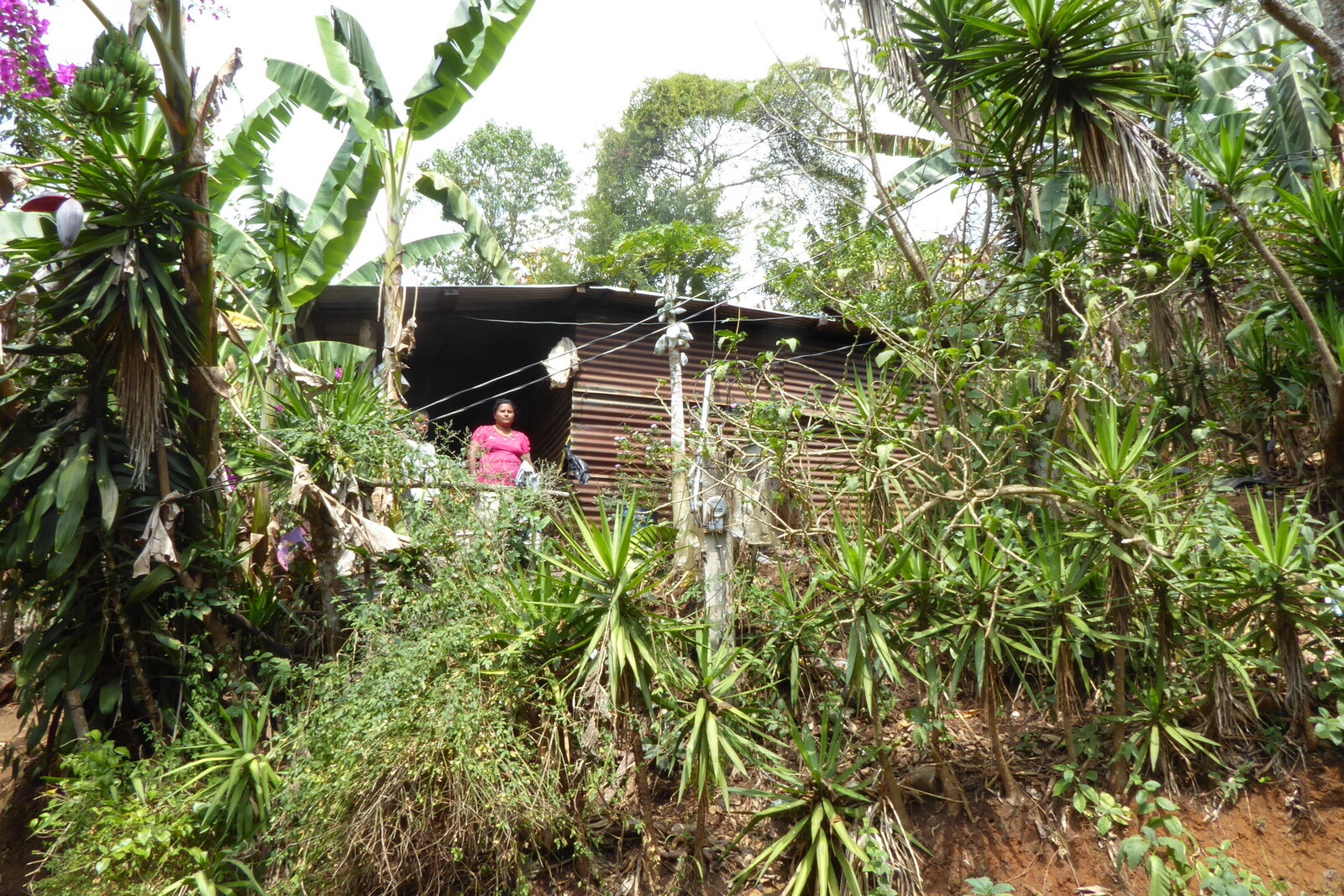 Eine Frau in Guatemala steht auf der Veranda ihres Holzhauses