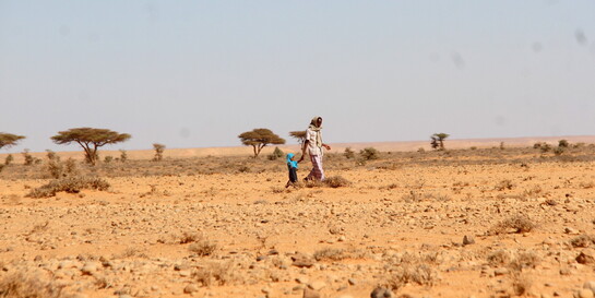 Eine Frau wandert mit ihrer Tochter durch eine ausgetrocknete Region in Somalia