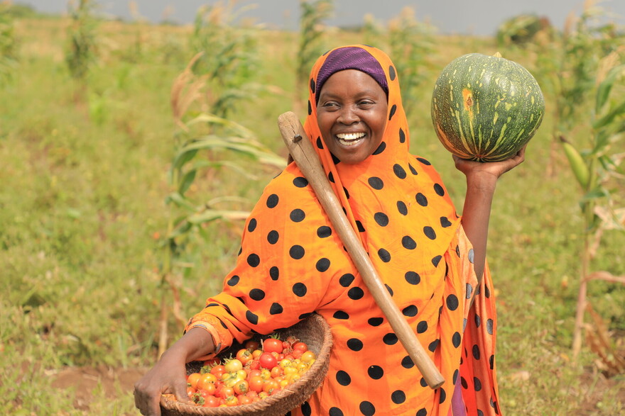Eine Frau in Somalia hält eine Melone und einen Korb voller Tomaten Eine Frau in Somalia hält eine Melone und einen Korb voller Tomaten