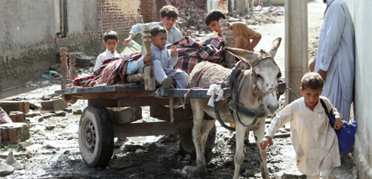 27.08.2010, Pakistan, Nowshera, Peshawar - Hochwasser Pakistan. Nachdem das Wasser zum Teil abgeflossen ist, ziehen die Bewohner zurück in ihre Häuser.