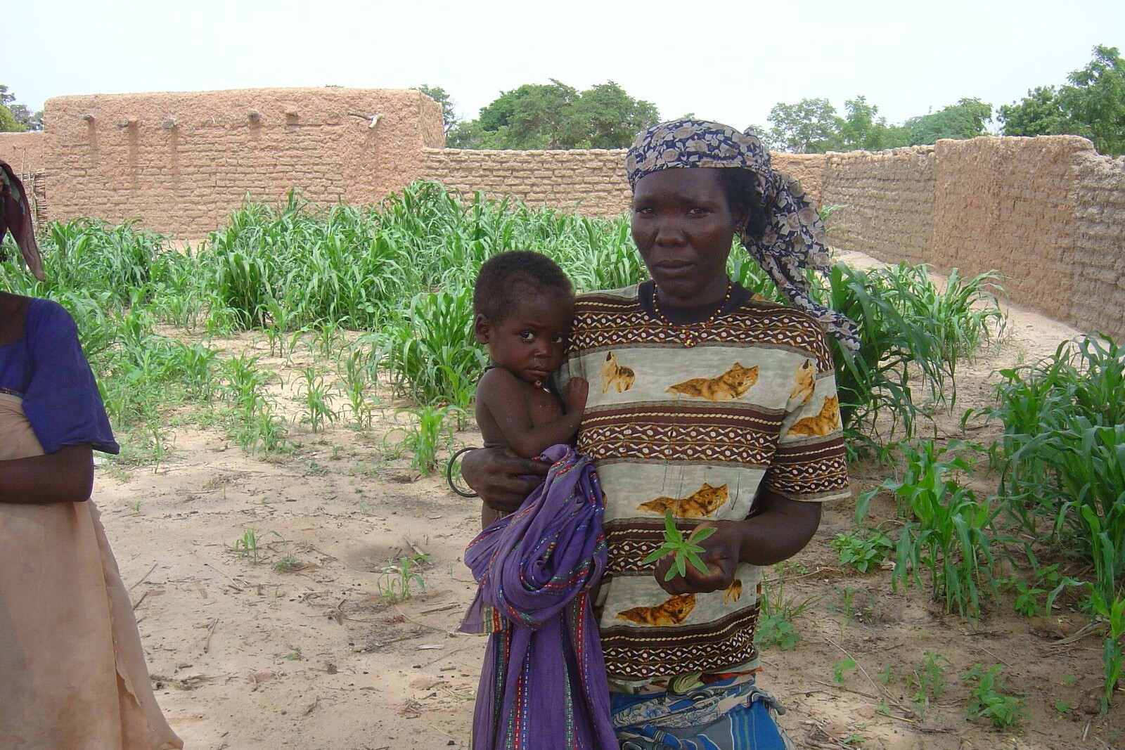 Während einer Dürre in Afrika wird Nahrung knapp. Eine Frau steht mit ihrem Kind vor einem trockenen Feld.