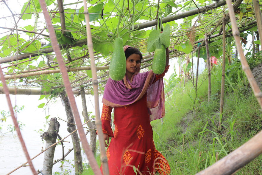 AWO International fördert in Bangladesch den Gemüseanbau Eine Frau in Bangladesch steht inmitten von Kürbissen