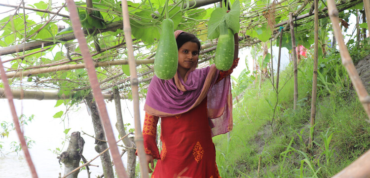 Eine Frau in Bangladesch steht inmitten von Kürbissen