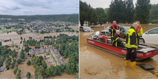 Die Ahr überflutet den gesamten Ort Bad Bodendorf, Feuerwehrleute helfen in Booten