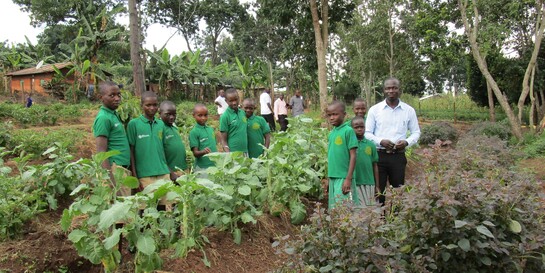 Eine Garten-AG in Uganda präsentiert stolz ihre erste Ernte.