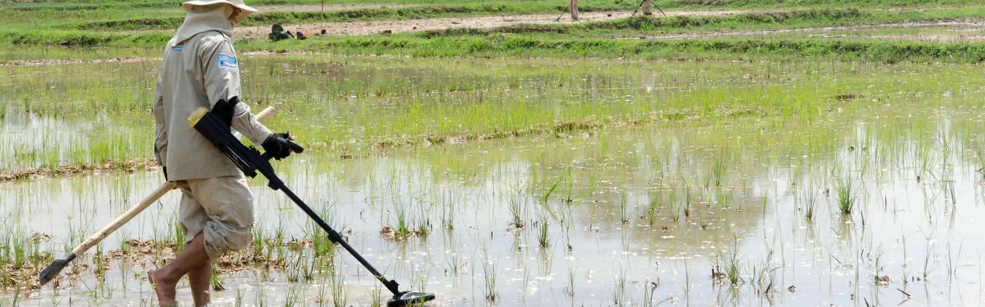 Ein Helfer ist mit einem Minendetektor auf der Suche nach Landminen in einem Reisfeld in Laos