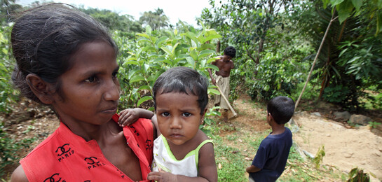 In Sri Lanka hackt ein Mann den Garten. Seine Familie ist im Vordergrund zu sehen.