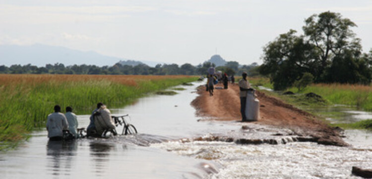 Flut Afrika: Fahrradfahrer durchqueren eine überflutete Straße