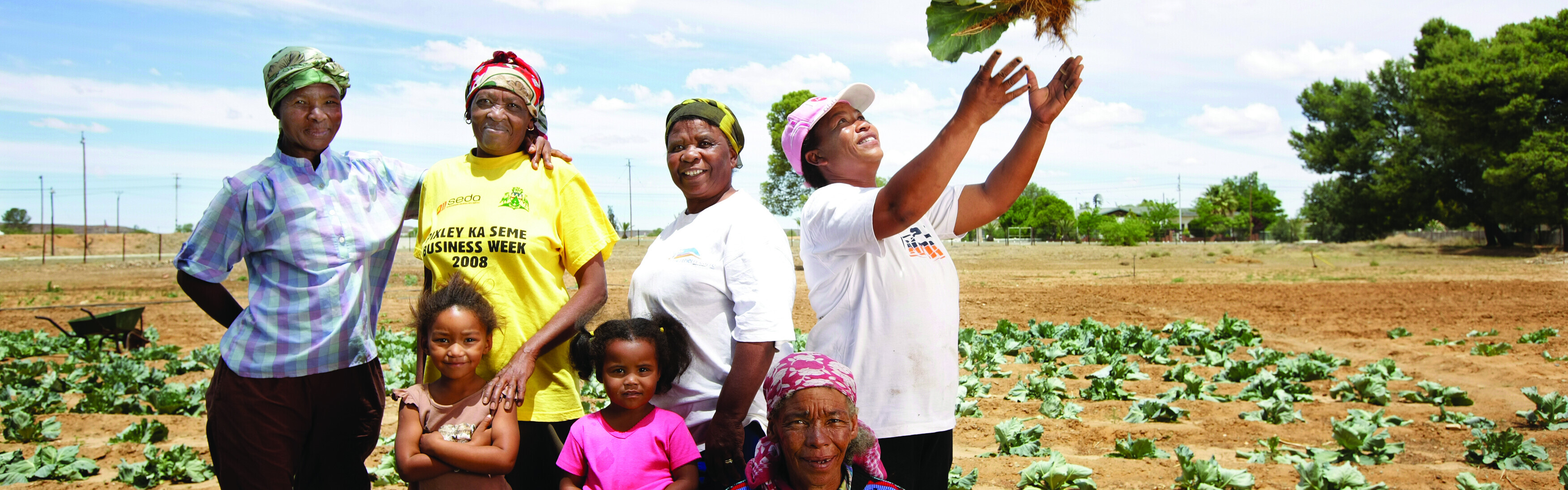 Eine Familie erntet Gemüse in Afrika. In von Dürre und Trockenheit beherrschten Gebiten hilft dürreresistentes Saatgut, um die Ernte zu sichern.