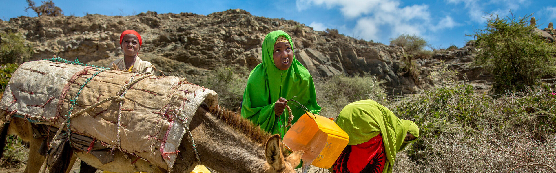 Für sich und ihre Nutztiere holen zwei Frauen frisches Wasser in Somalia.