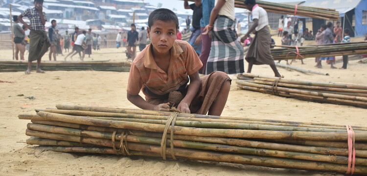Ein Junge bindet Bambusstäbe 