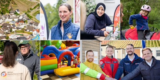 Eine Fotocollage mit verschiedenen Hilfsprojekten von Aktion Deutschland Hilft anlässlich des Hochwassers in Deutschland Eine Fotocollage mit verschiedenen Hilfsprojekten von Aktion Deutschland Hilft anlässlich des Hochwassers in Deutschland