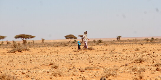 Eine Frau mit ihrer Tochter laufen durch ein ausgetrocknetes Gebiet in Somalia