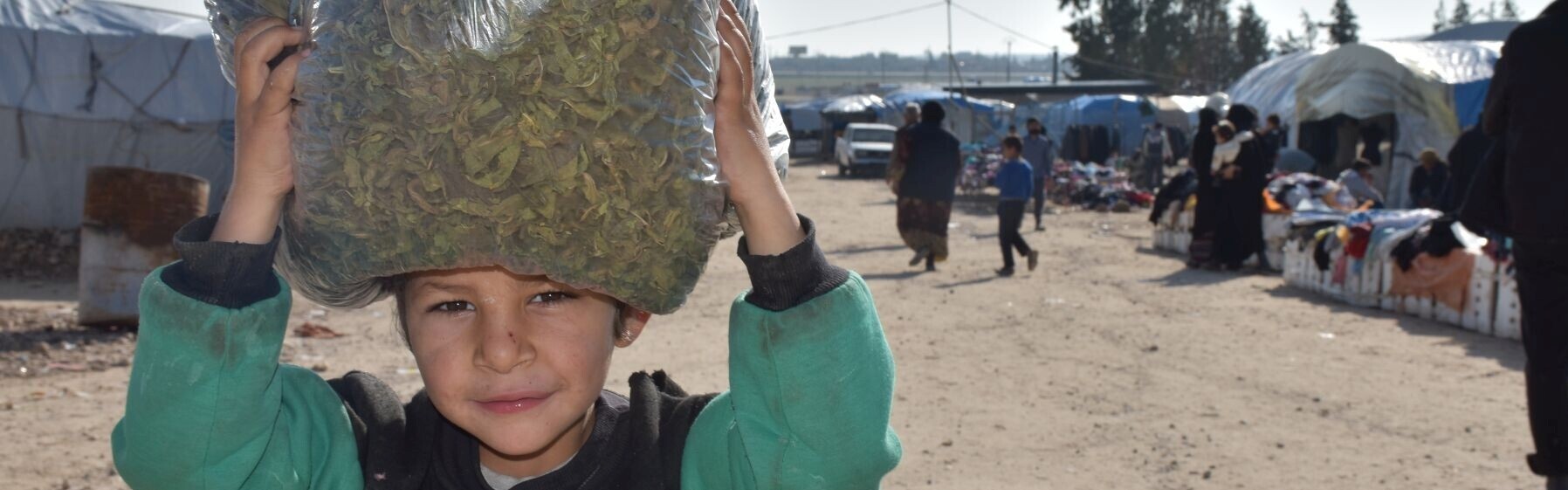 Ein Kind aus Syrien trägt einen Sack gefüllt mit Moringa auf dem Kopf