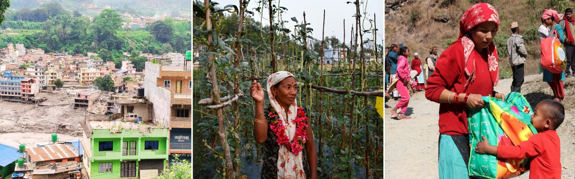 Eine Collage zeigt die Zerstörung nach der Flut in Nepal, eine Frau, die vor einem Feld steht und eine Frau mit einem Kind Eine Collage zeigt die Zerstörung nach der Flut in Nepal, eine Frau, die vor einem Feld steht und eine Frau mit einem Kind