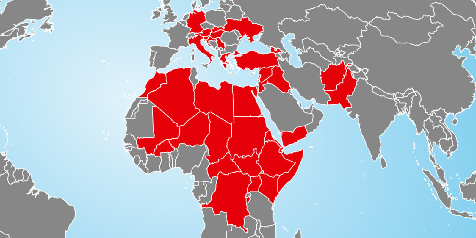 Auf der Einsatzkarte werden von der Flüchtlingskrise betroffene Länder rot dargestellt.