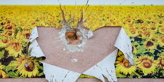 Einschussloch auf Wand mit Sonnenblumen-Tapete in der Ukraine