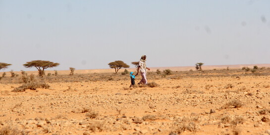 Frau mit Kind in einer Steppe in Somalia