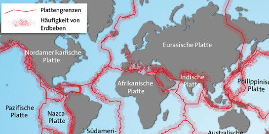 Infografik Erdbebengebiete: Die äußere Erdkruste besteht aus sieben großen und mehreren kleinen Platten. Diese sind nach den Kontinenten und Weltmeeren benannt