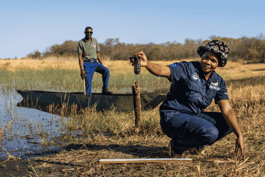 Eine Frau an einem See in Namibia, die einen frisch gefangenen Fisch wiegt, hinter ihr ein Mann in einem Boot