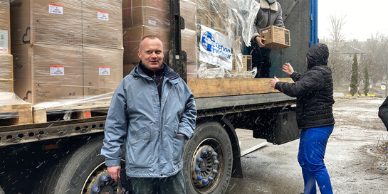Ankunft des Hilfstransports von action medeor in der westukrainischen Stadt Ternopil