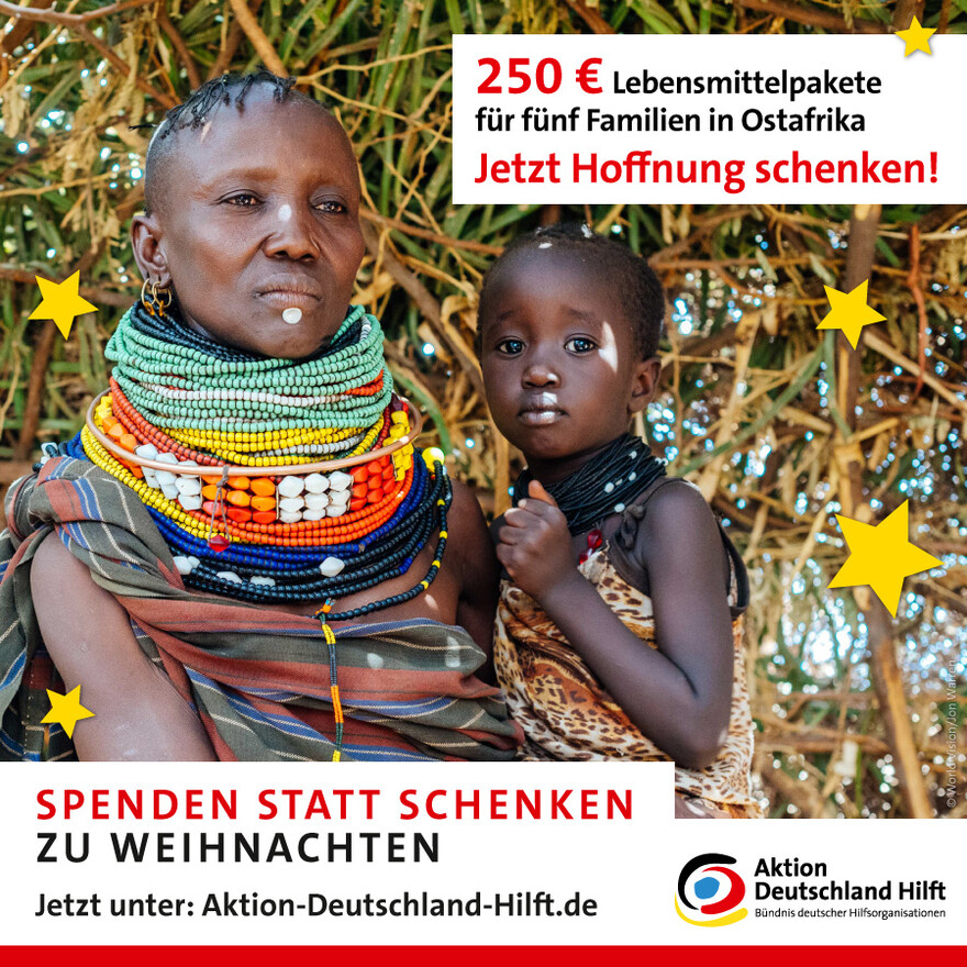 Mit 250 Euro bekommen fünf Familien in Ostafrika dringend benötigte Lebensmittelpakete - schenken Sie Hoffnung! Mit 250 Euro bekommen fünf Familien in Ostafrika dringend benötigte Lebensmittelpakete - schenken Sie Hoffnung!