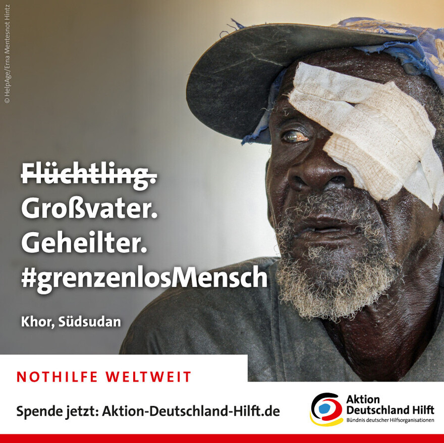Unser Bündnismitglied HelpAge hilft älteren Menschen auf der Flucht. So wie Khor, einem Mann aus dem Südsudan Unser Bündnismitglied HelpAge hilft älteren Menschen auf der Flucht. So wie Khor, einem Mann aus dem Südsudan