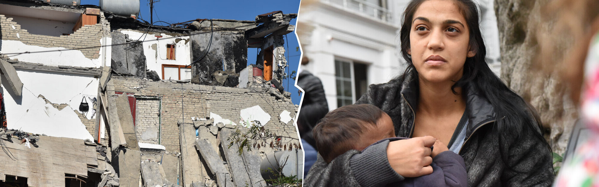 Zerstörung und eine junge Frau mit Kind nach dem Erdbeben in Albanien