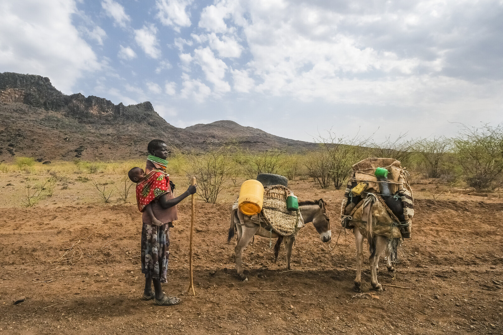 Eine Frau mit Baby und Eseln in Kenia