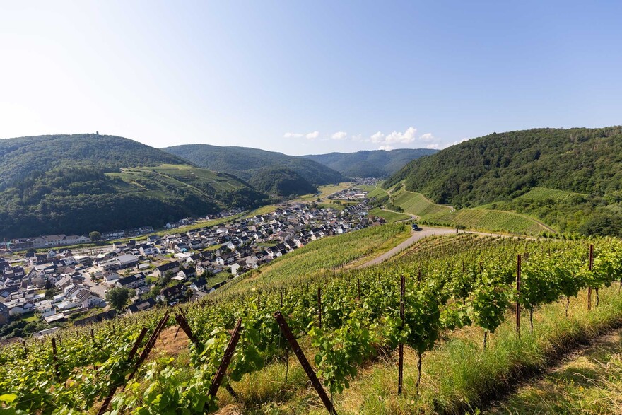 Blick über Dernau im Ahrtal drei Jahre nach der Flut