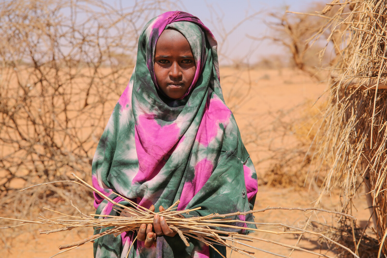 Kind in Somalia hält trockenes Stroh in den Händen.