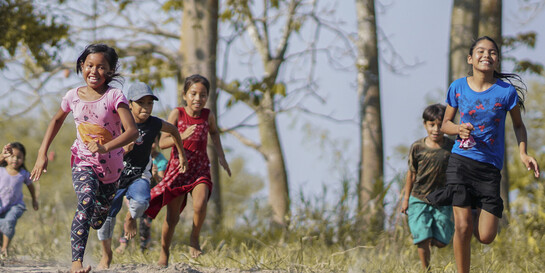 In Brasilien läuft eine Gruppe Kinder durch die Natur