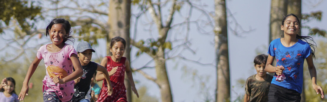 In Brasilien läuft eine Gruppe Kinder durch die Natur