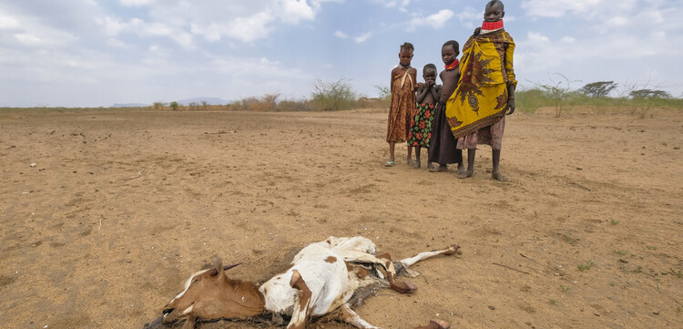 Menschen in Kenia und eine Ziege, die aufgrund der Trockenheit verendete Menschen in Kenia und eine Ziege, die aufgrund der Trockenheit verendete