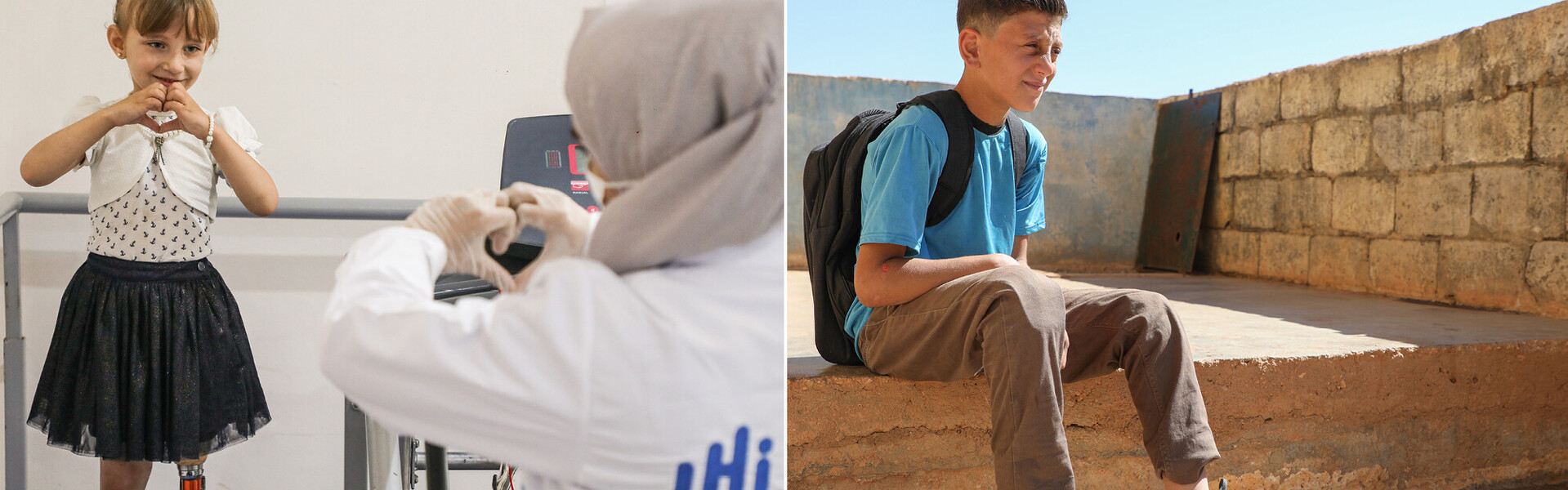 Enas (links) formt mit ihren Händen ein Herz, Mohamed sitzt auf einer Mauer – beide Kinder wachsen in Syrien auf