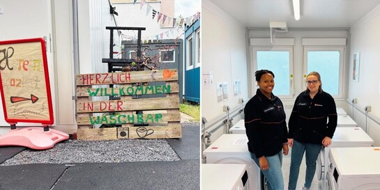 Eine Collage von der Waschbar von außen, einem Willkommensschild und zwei Helferinnen der Malteser
