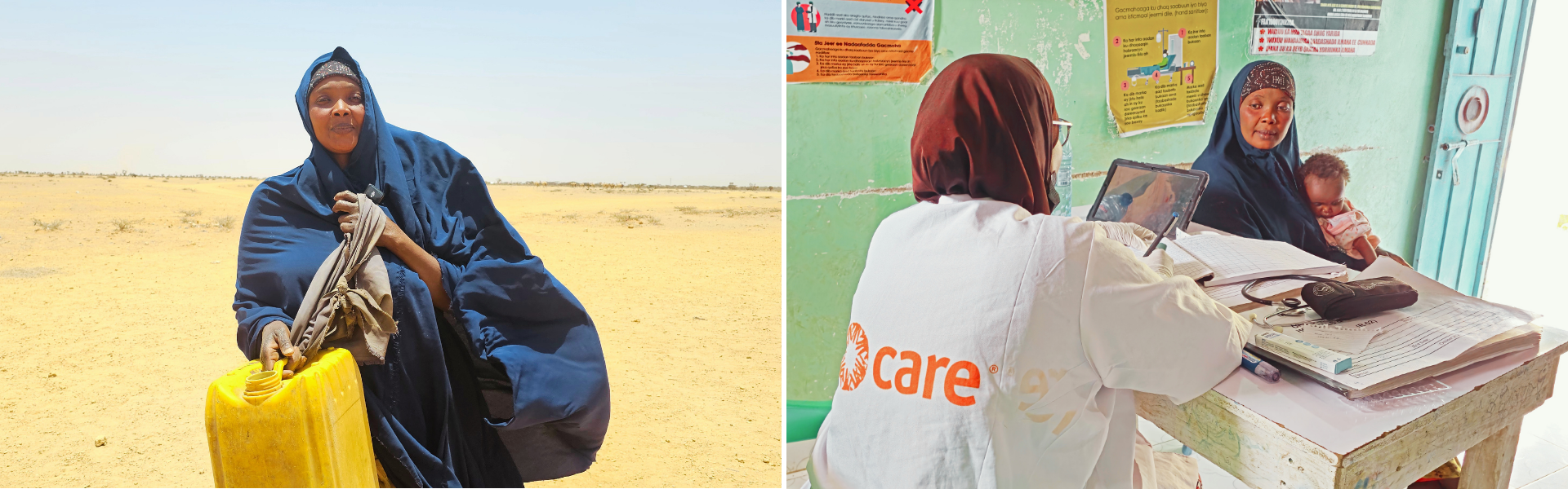 Im Gesundheitszentrum unterstützen humanitäre Helfer:innen von CARE unter anderem Menschen, die an Hunger leiden Eine Fotocollage einer somalischen Frau, links geht sie mit einem Wasserkanister in der Hand, rechts sitzt sie mit ihrer kleinen Tochter im Arm in einem Gesundheitszentrum