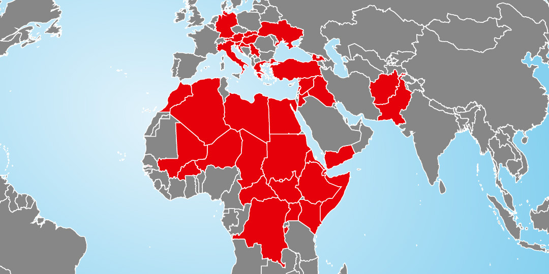 Auf der Einsatzkarte werden von der Flüchtlingskrise betroffene Länder rot dargestellt.