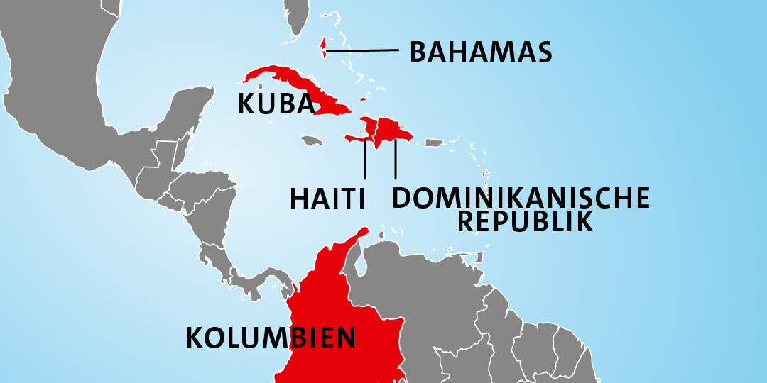 Die betroffenen Länder auf der Einsatzfallkarte des Hurrikan Matthew