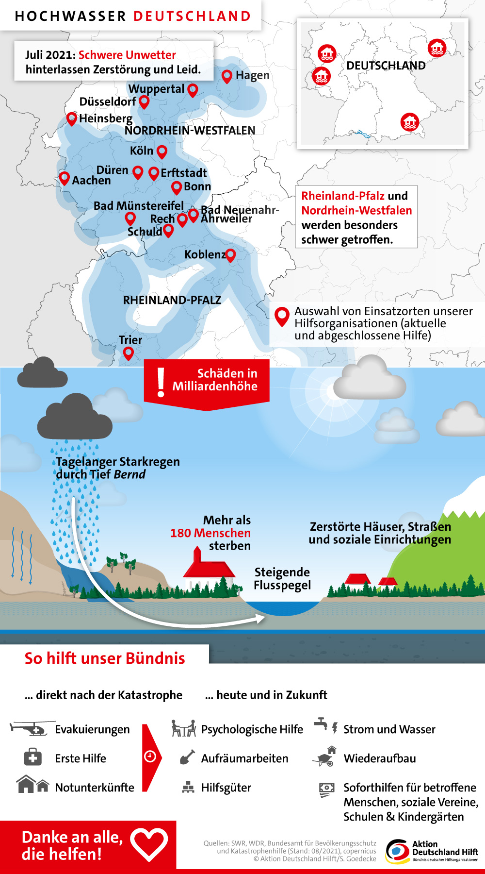 Infografik: Hochwassergebiete. Aktion Deutschland Hilft